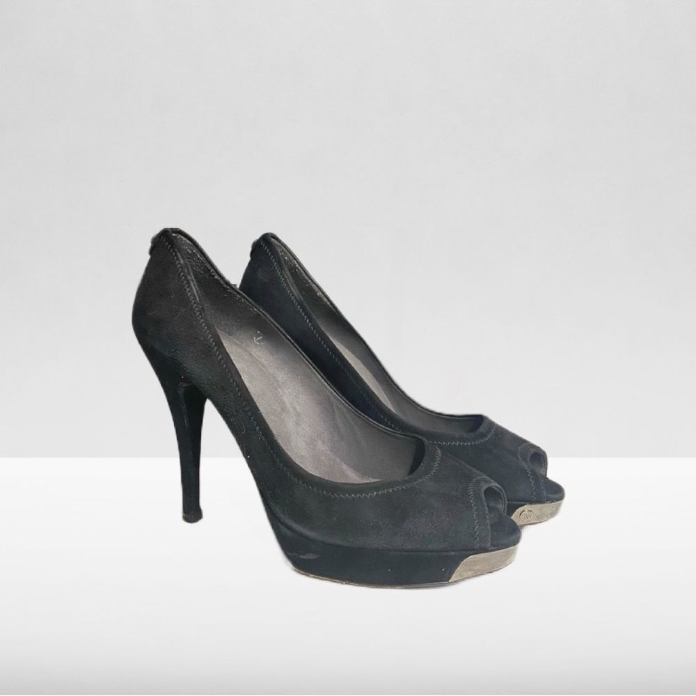 Stuart Weitzman Black Suede Peep Toe Platform Pumps Classic High Heels